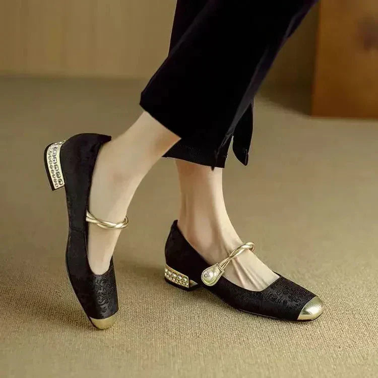 Comfortable Mary Jane Shoes for Women with Braided Block Heel Metallic Style