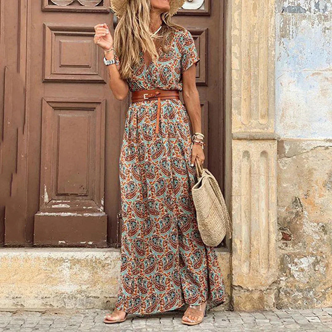 Stylish Maxi Dress for Women with V Neck Short Sleeve Drawstring