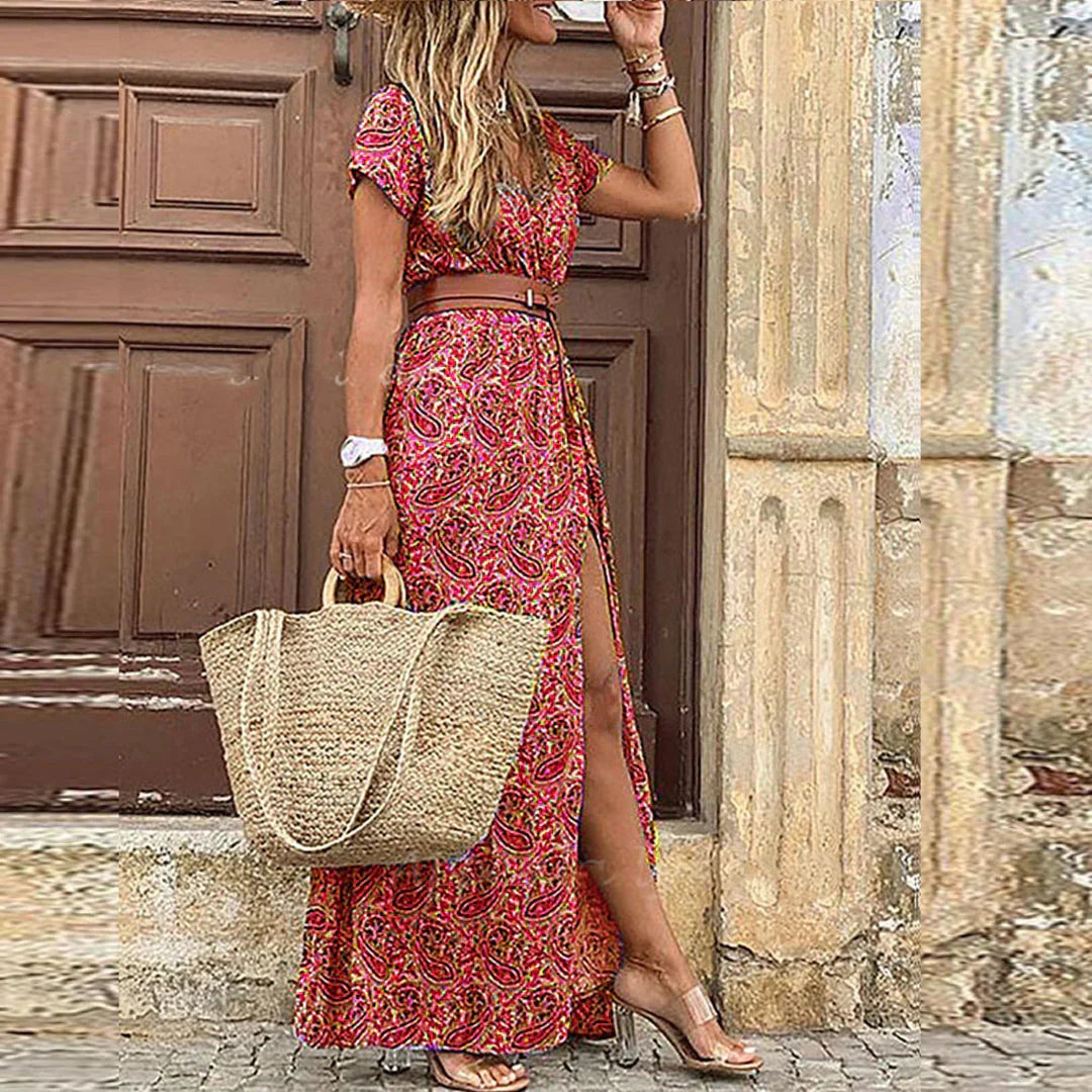 Stylish Maxi Dress for Women with V Neck Short Sleeve Drawstring