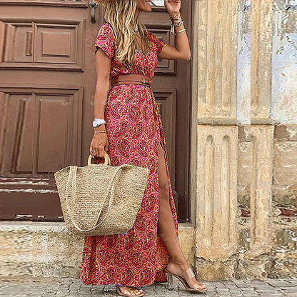 Stylish Maxi Dress for Women with V Neck Short Sleeve Drawstring