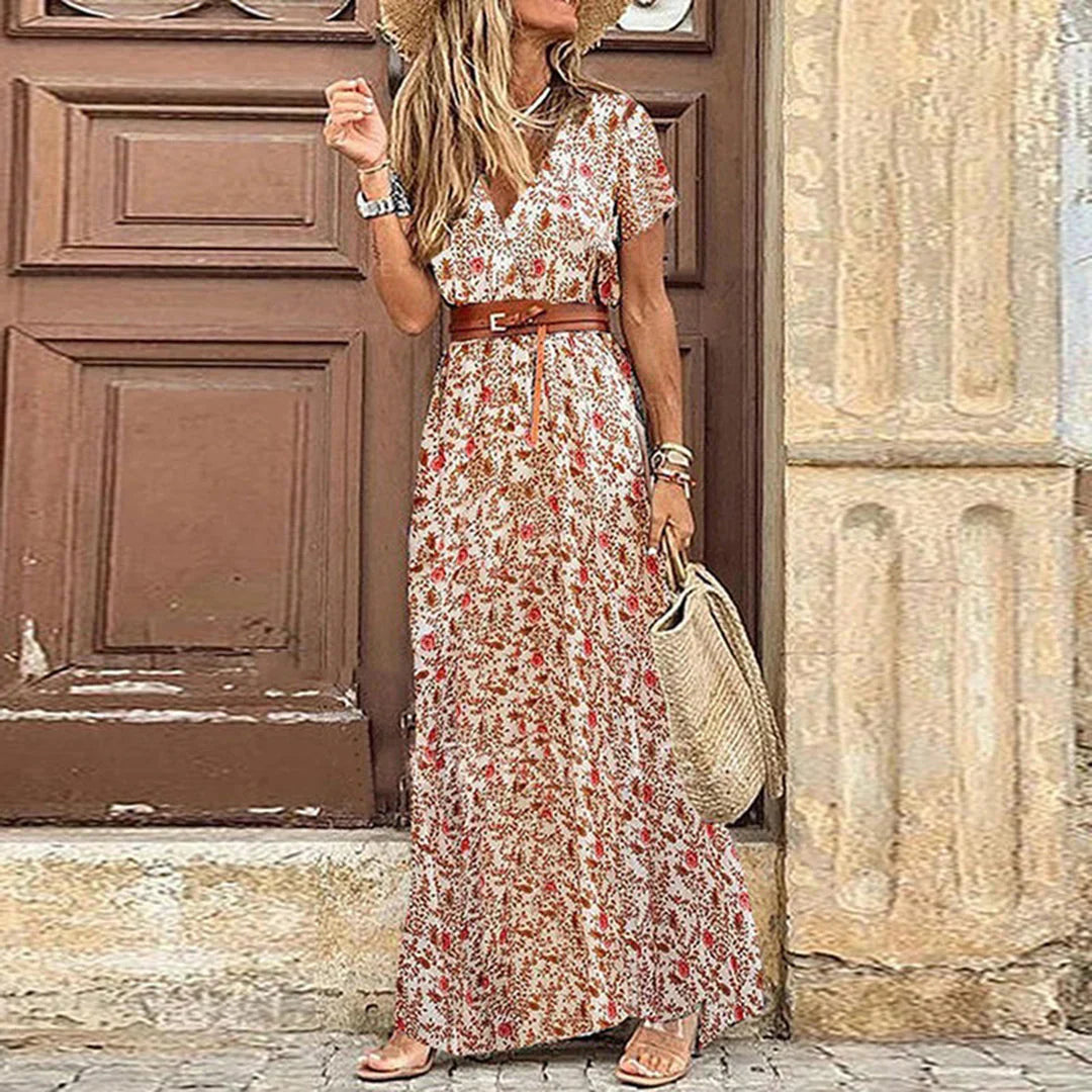 Stylish Maxi Dress for Women with V Neck Short Sleeve Drawstring