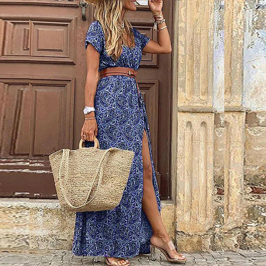 Stylish Maxi Dress for Women with V Neck Short Sleeve Drawstring