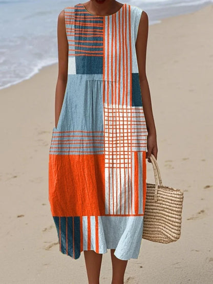 Elegant Geometric Midi Dress for Women with Sleeveless Casual Style