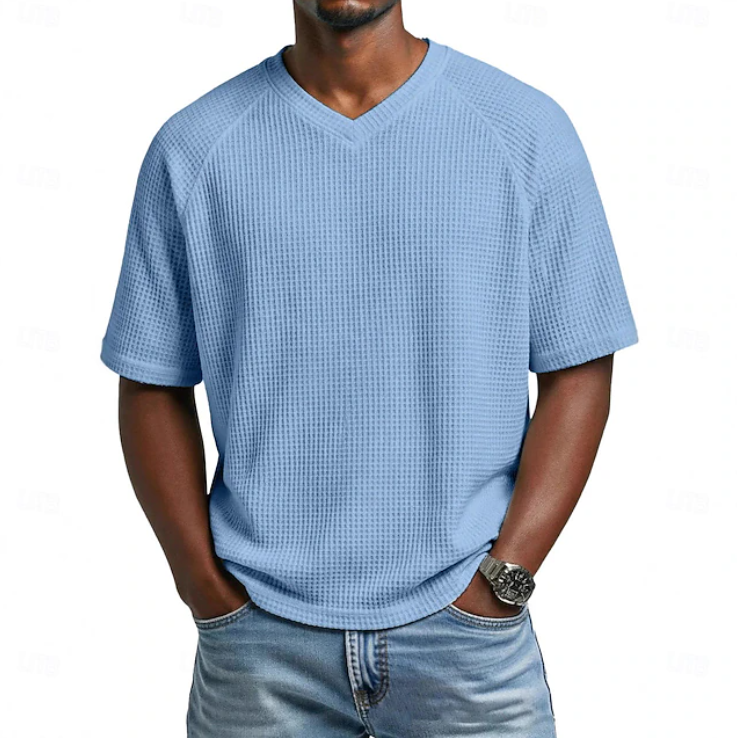 Classic Waffle Shirt for Men with V Neck Short Sleeve