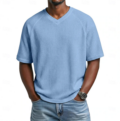 Classic Waffle Shirt for Men with V Neck Short Sleeve