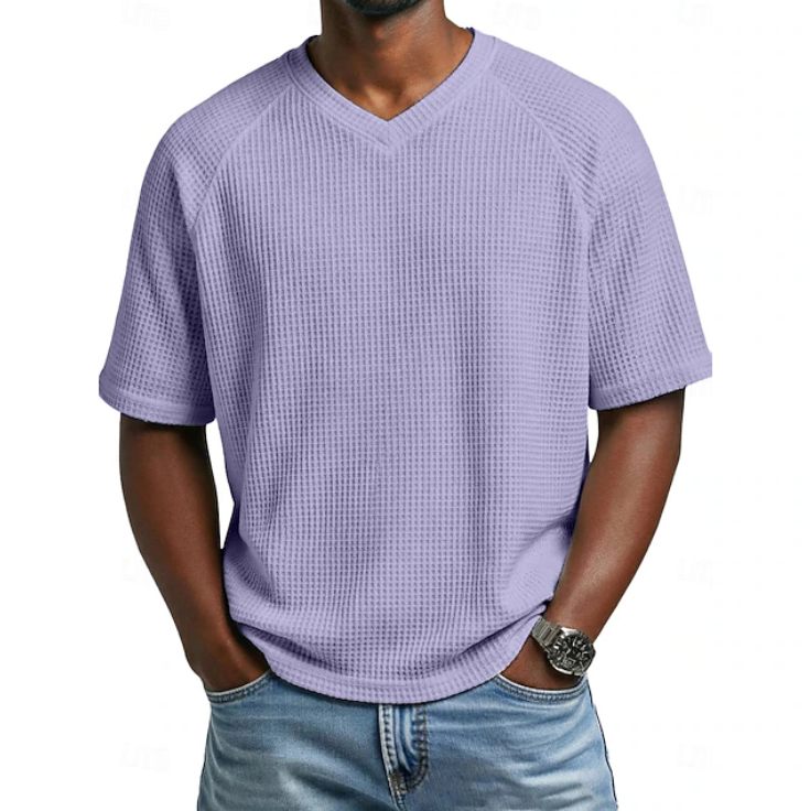 Classic Waffle Shirt for Men with V Neck Short Sleeve