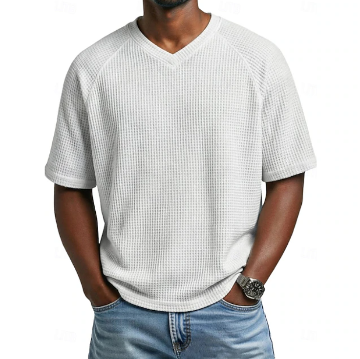 Classic Waffle Shirt for Men with V Neck Short Sleeve