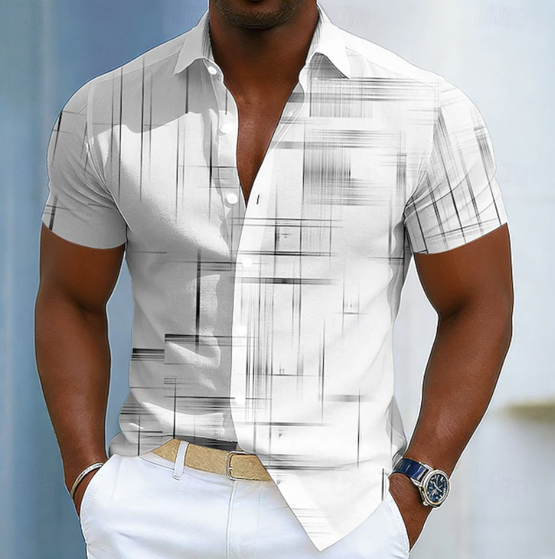 Effortless Geometric Button Down Shirt for Men with Short Sleeve