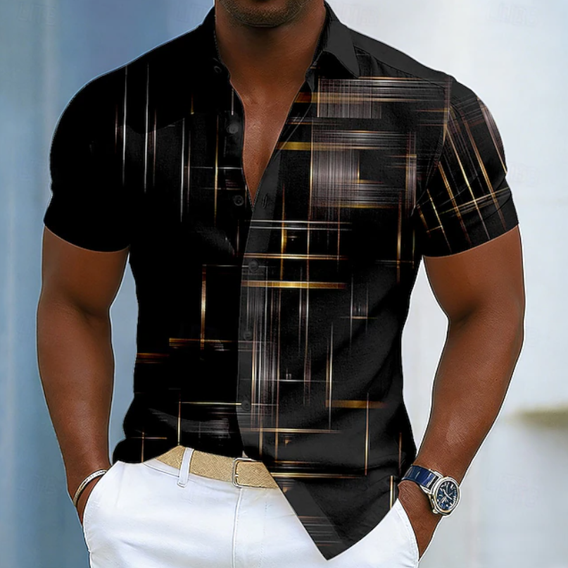 Effortless Geometric Button Down Shirt for Men with Short Sleeve