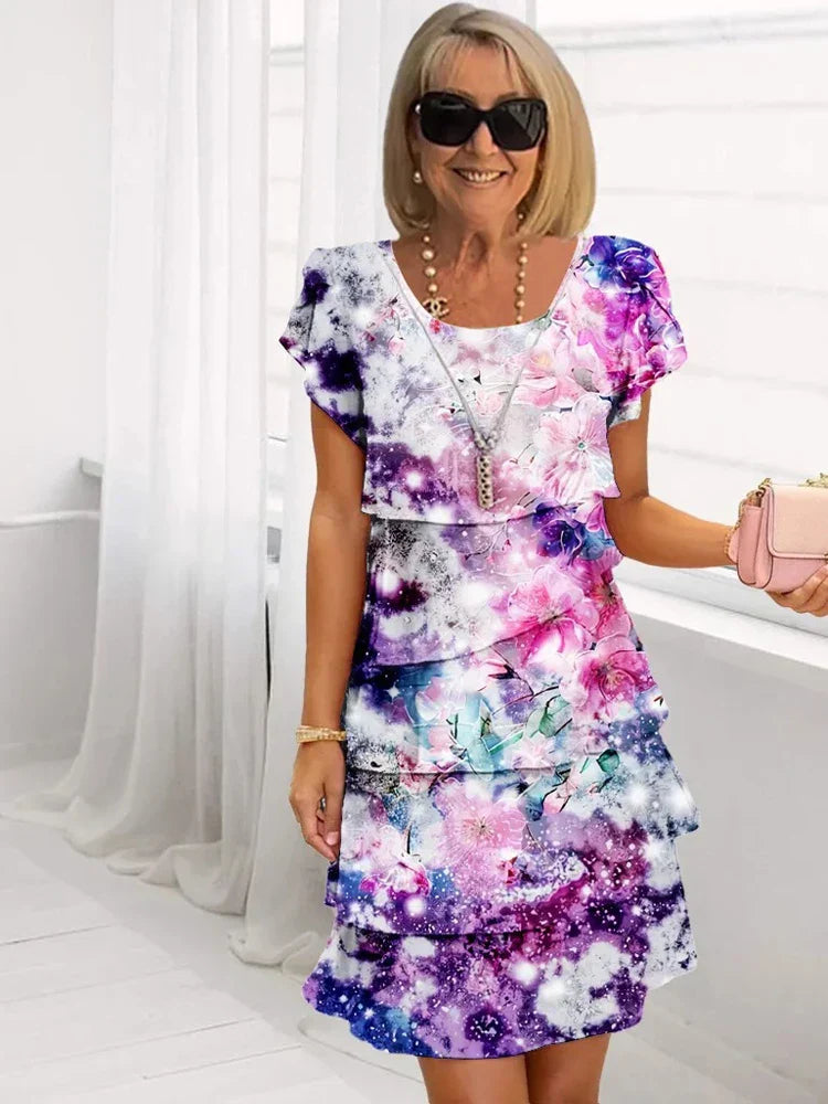 Elegant Floral Chiffon Mini Dress for Women with Crew Neck Short Sleeve Tiered