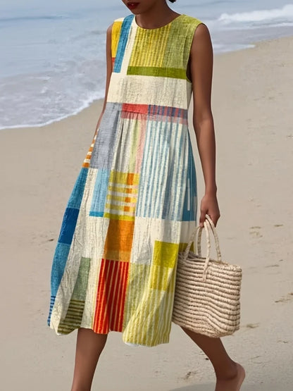 Elegant Geometric Midi Dress for Women with Sleeveless Casual Style