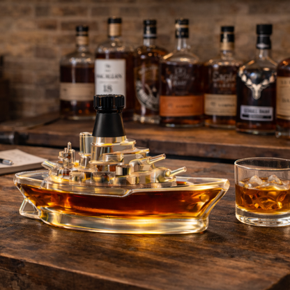 Stylish Whisky Decanter Bottle Gift Set with Marine Ship Design