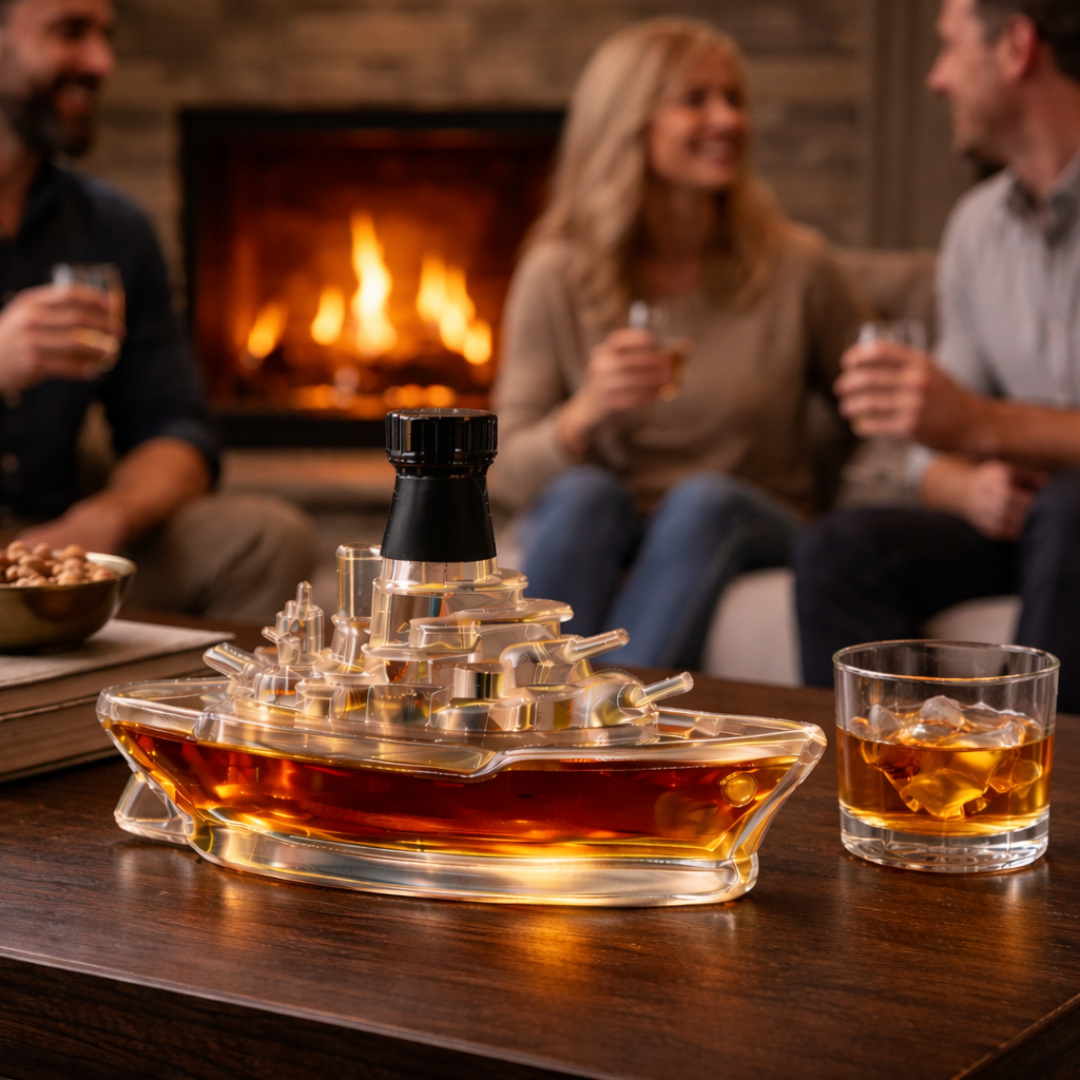 Stylish Whisky Decanter Bottle Gift Set with Marine Ship Design