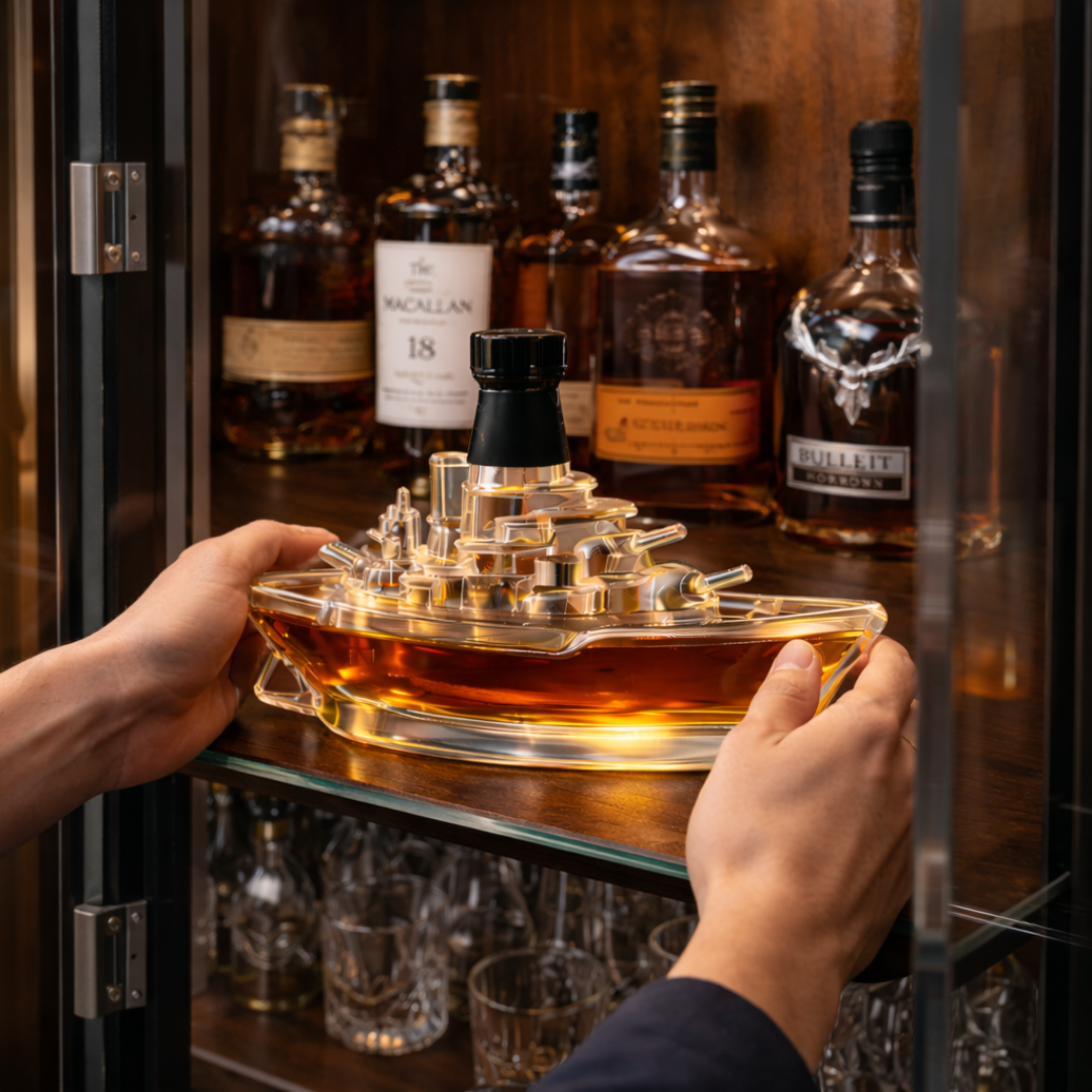 Stylish Whisky Decanter Bottle Gift Set with Marine Ship Design