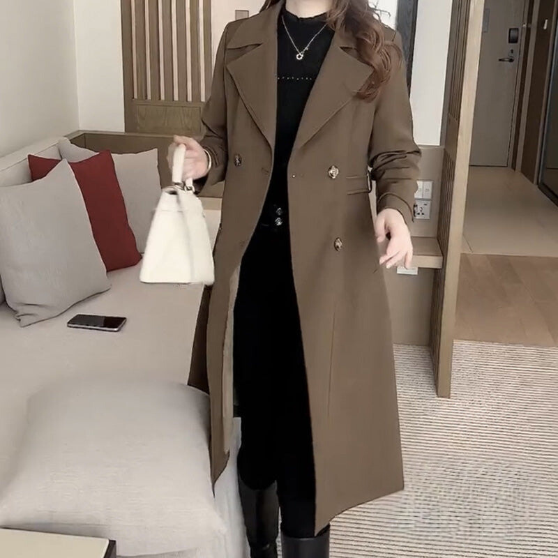 Elegant Trench Coat for Women with Notch Collar Belted Waist Oversized Style