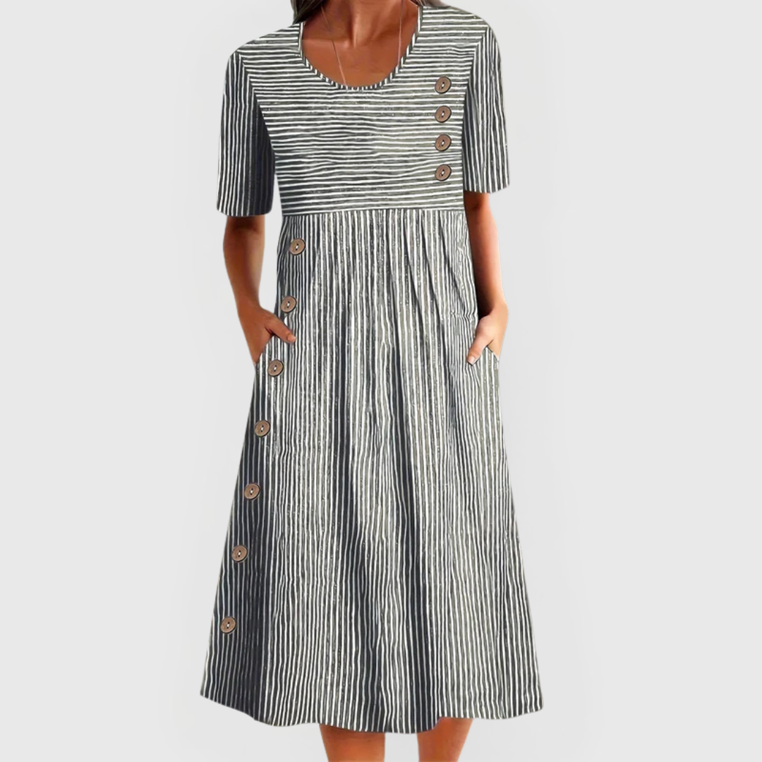 Elegant Striped Midi Dress for Women with Elbow Sleeve