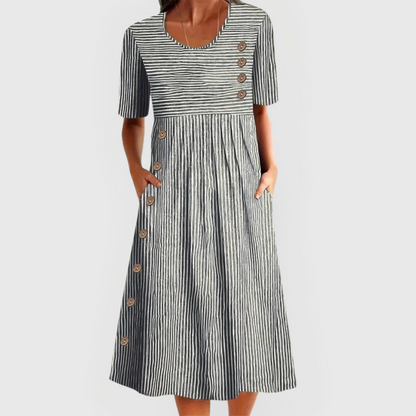 Elegant Striped Midi Dress for Women with Elbow Sleeve