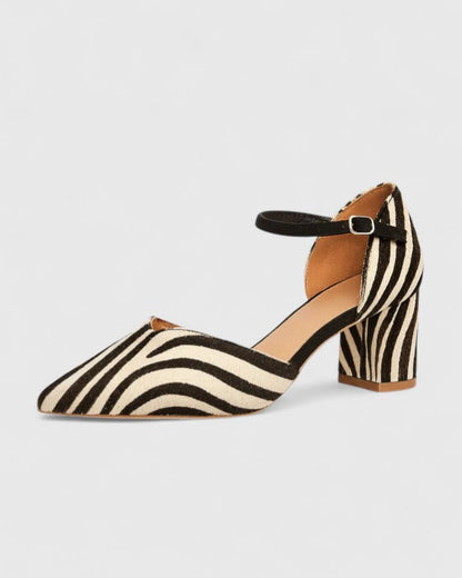 Comfortable Khaki Striped Heels for Women with Block Heel Ankle Strap Style