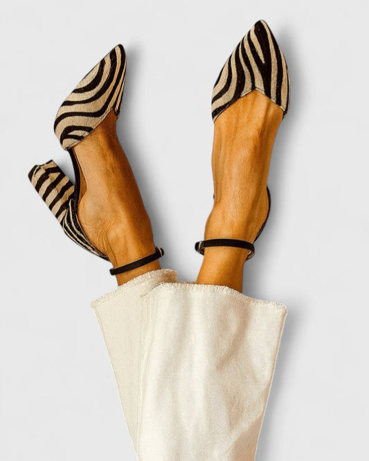 Comfortable Khaki Striped Heels for Women with Block Heel Ankle Strap Style