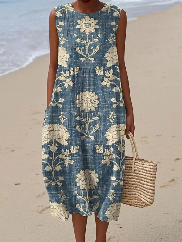 Stylish Floral Midi Dress for Women with Sleeveless Casual Vintage Style