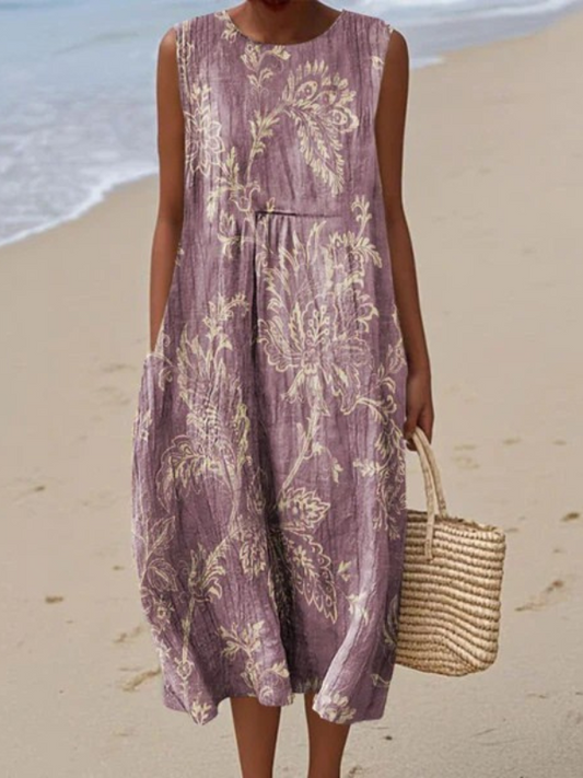 Stylish Floral Midi Dress for Women with Sleeveless Vintage