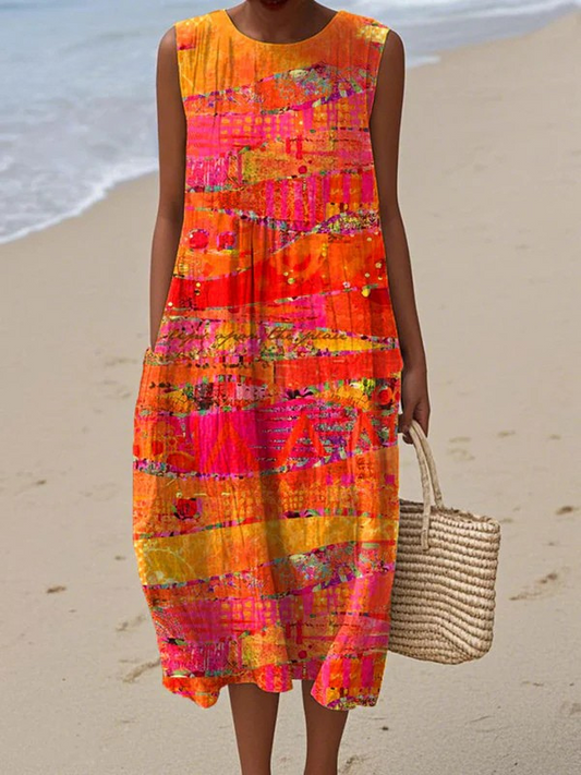 Stylish Patchwork Midi Dress for Women with Sleeveless Casual Style
