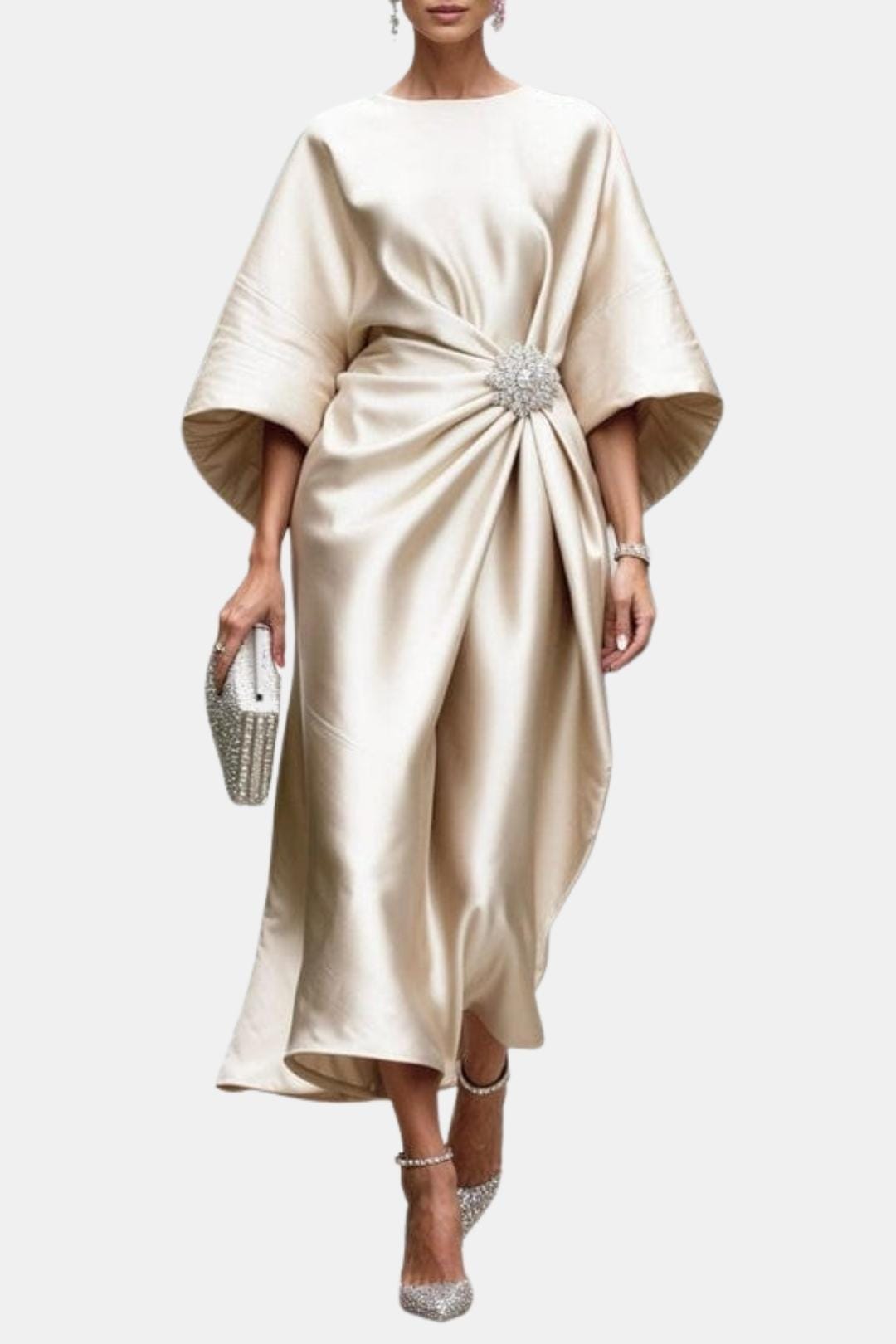 Elegant Satin Evening Dress for Women with Wide Sleeve Formal Wedding Guest Style