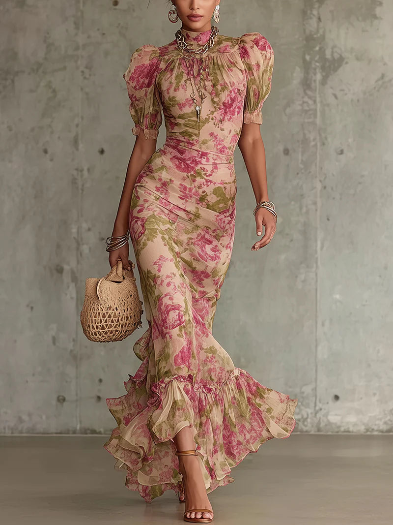 Effortless Pink Maxi Dress for Women with High Neck Puff Sleeve Vintage