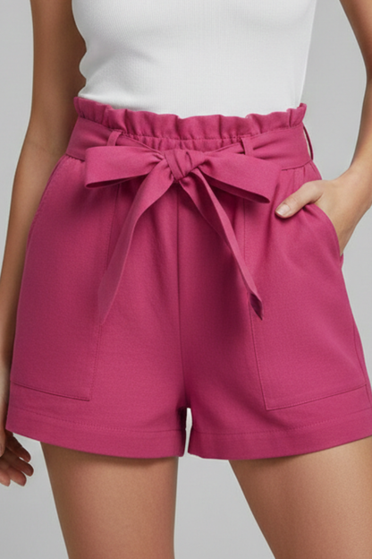 Elegant Ruffle High Waist Shorts for Women with Tie Waist Bow Pocket Casual Style