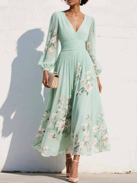 Effortless Light Green Floral Chiffon Midi Dress for Women with V Neck