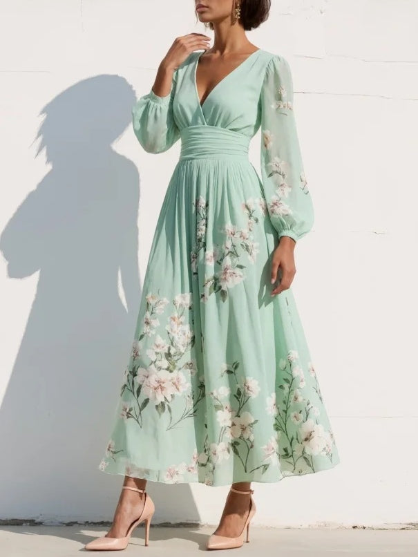 Effortless Light Green Floral Chiffon Midi Dress for Women with V Neck