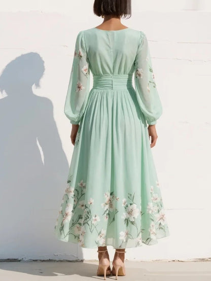 Effortless Light Green Floral Chiffon Midi Dress for Women with V Neck
