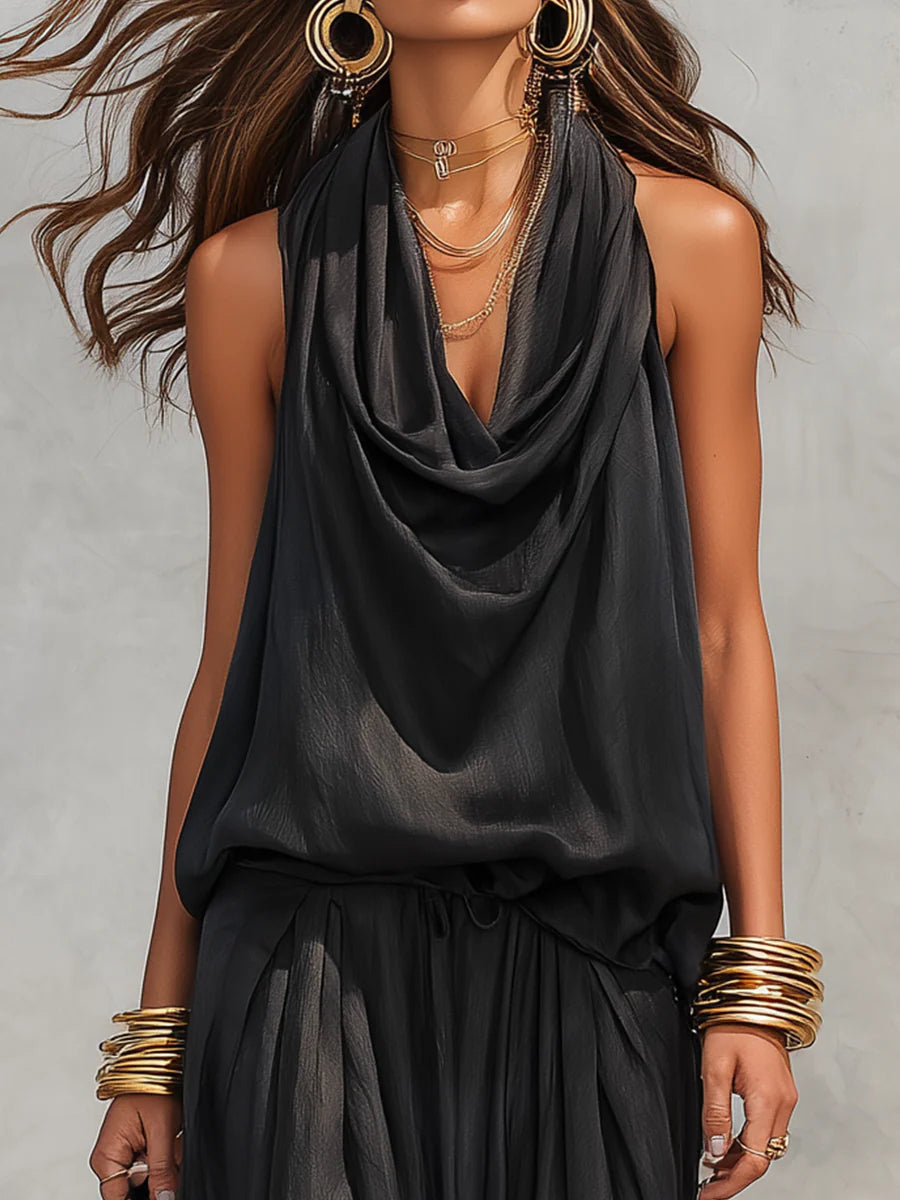 Stylish Black Two Piece Set for Women with Cowl Neck Sleeveless Draped