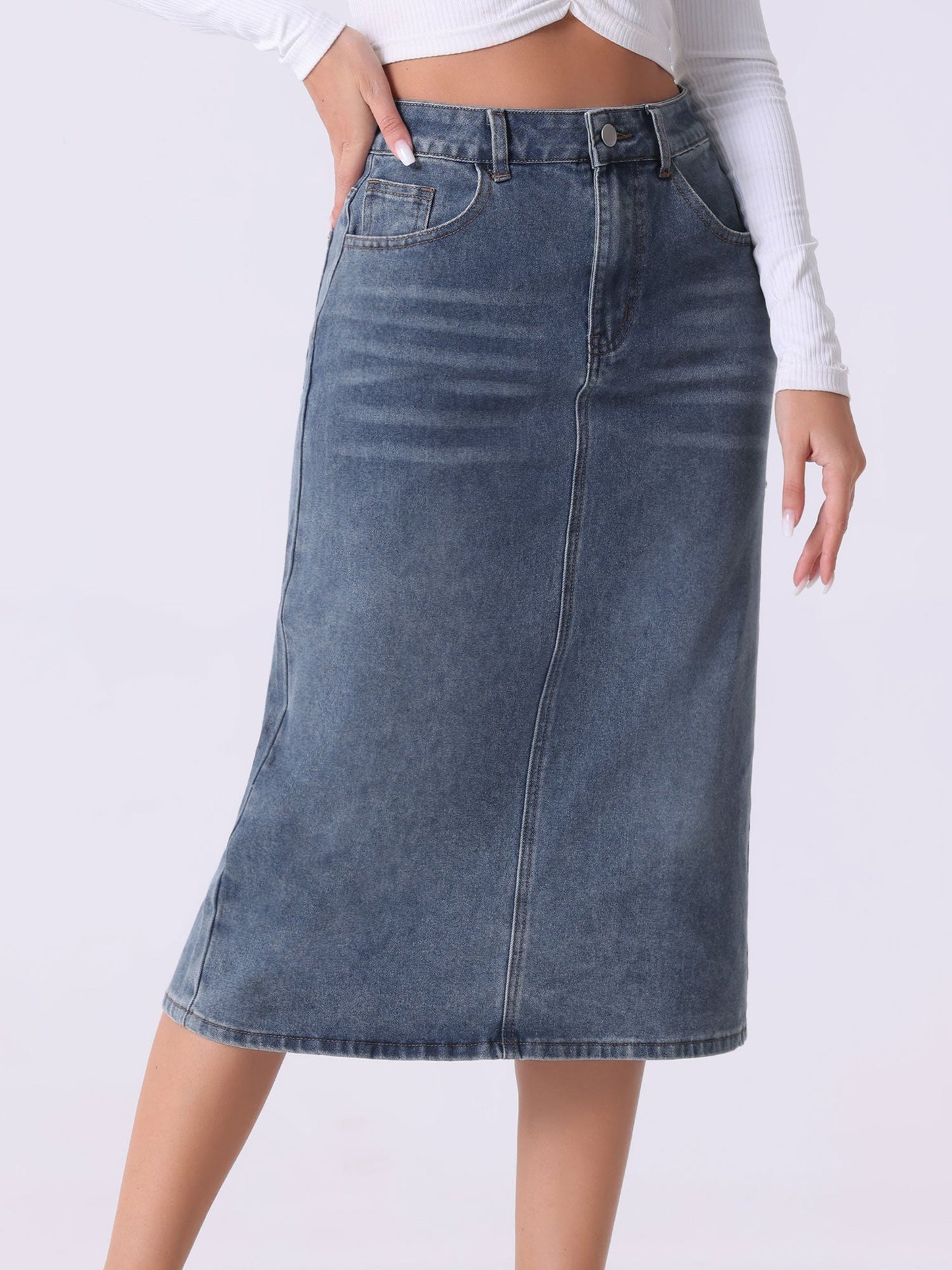 Elegant Grey Blue Denim Midi Skirt for Women with High Waist Fitted Straight Style