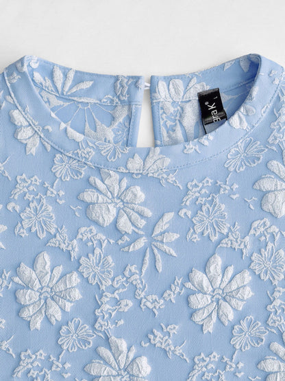 Elegant Floral Shift Dress for Women with Round Neck Puff Sleeve Jacquard Style