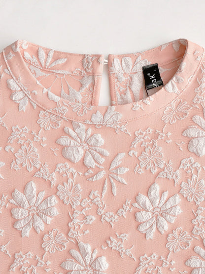 Elegant Floral Shift Dress for Women with Round Neck Puff Sleeve Jacquard Style