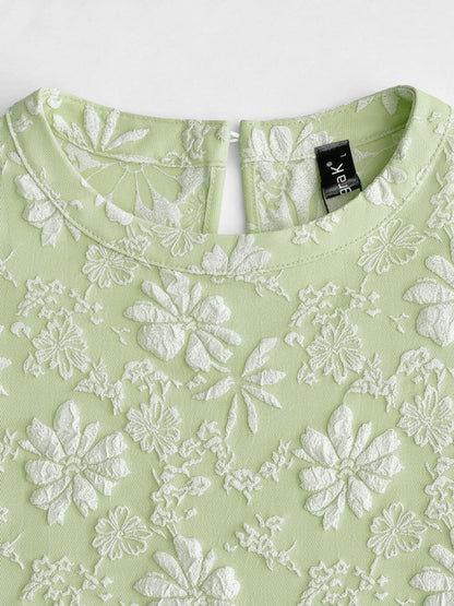 Elegant Floral Shift Dress for Women with Round Neck Puff Sleeve Jacquard Style