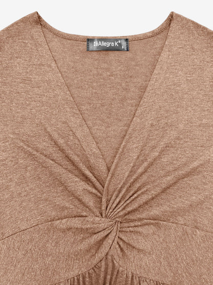 Effortless Twist Front Mini Dress for Women with V-Neck Short Sleeve Flowing Style
