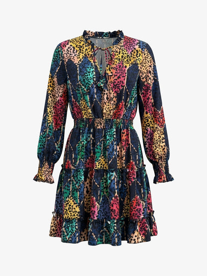 Effortless Leopard Print Mini Dress for Women with V-Neck Long Sleeve Tiered Ruffle Style