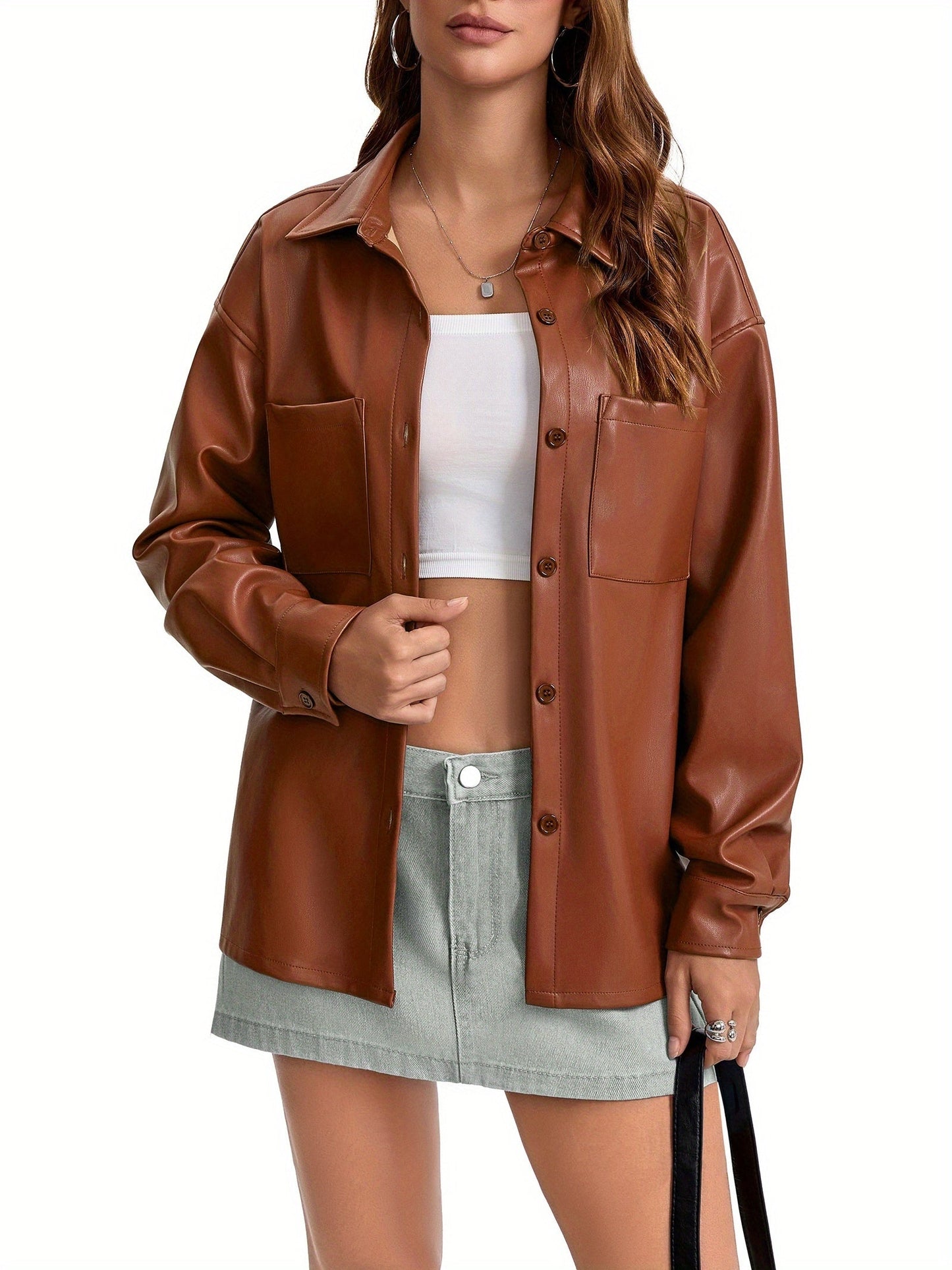 Effortless Leather Shirt Jacket for Women with Collar Button Front Relaxed Style