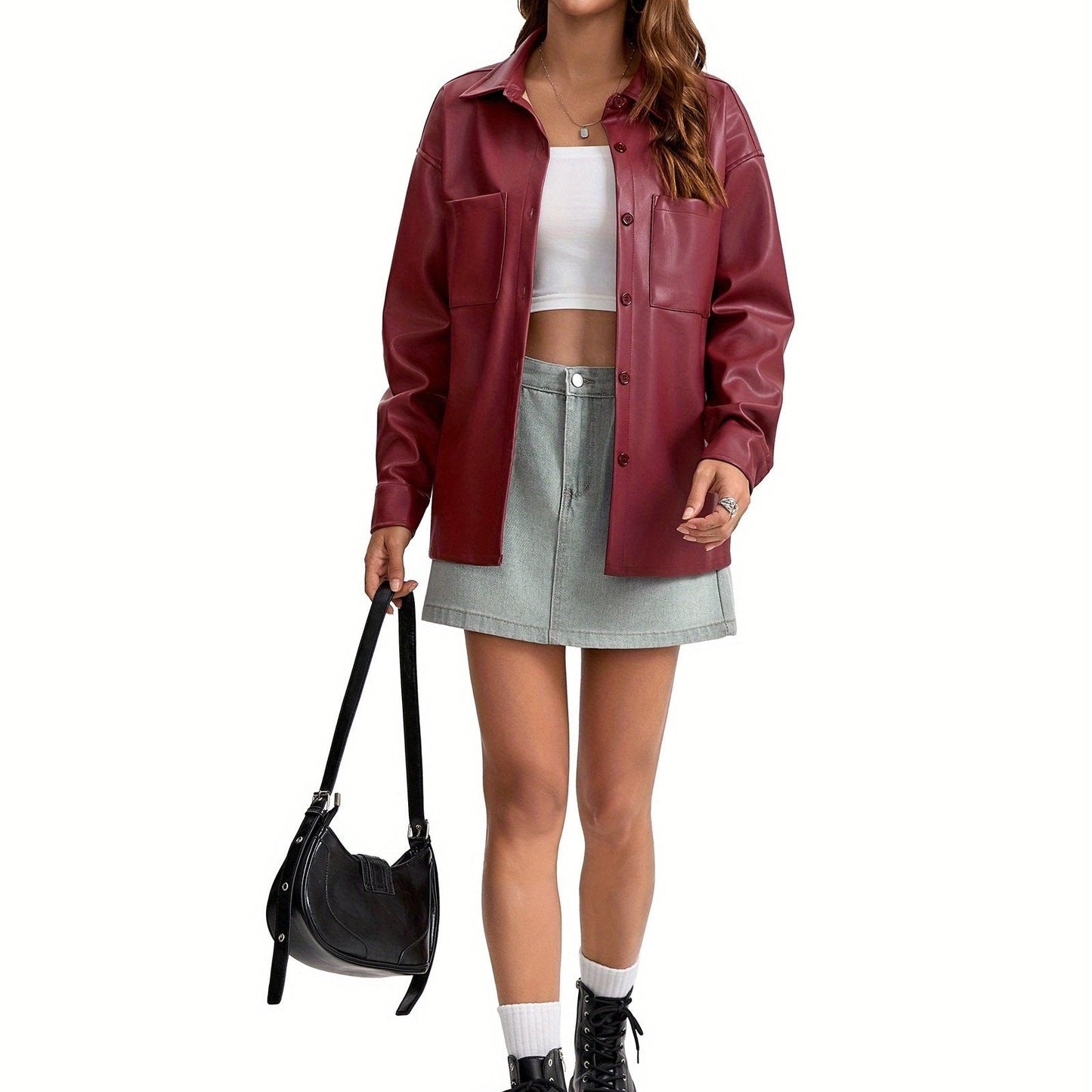 Effortless Leather Shirt Jacket for Women with Collar Button Front Relaxed Style