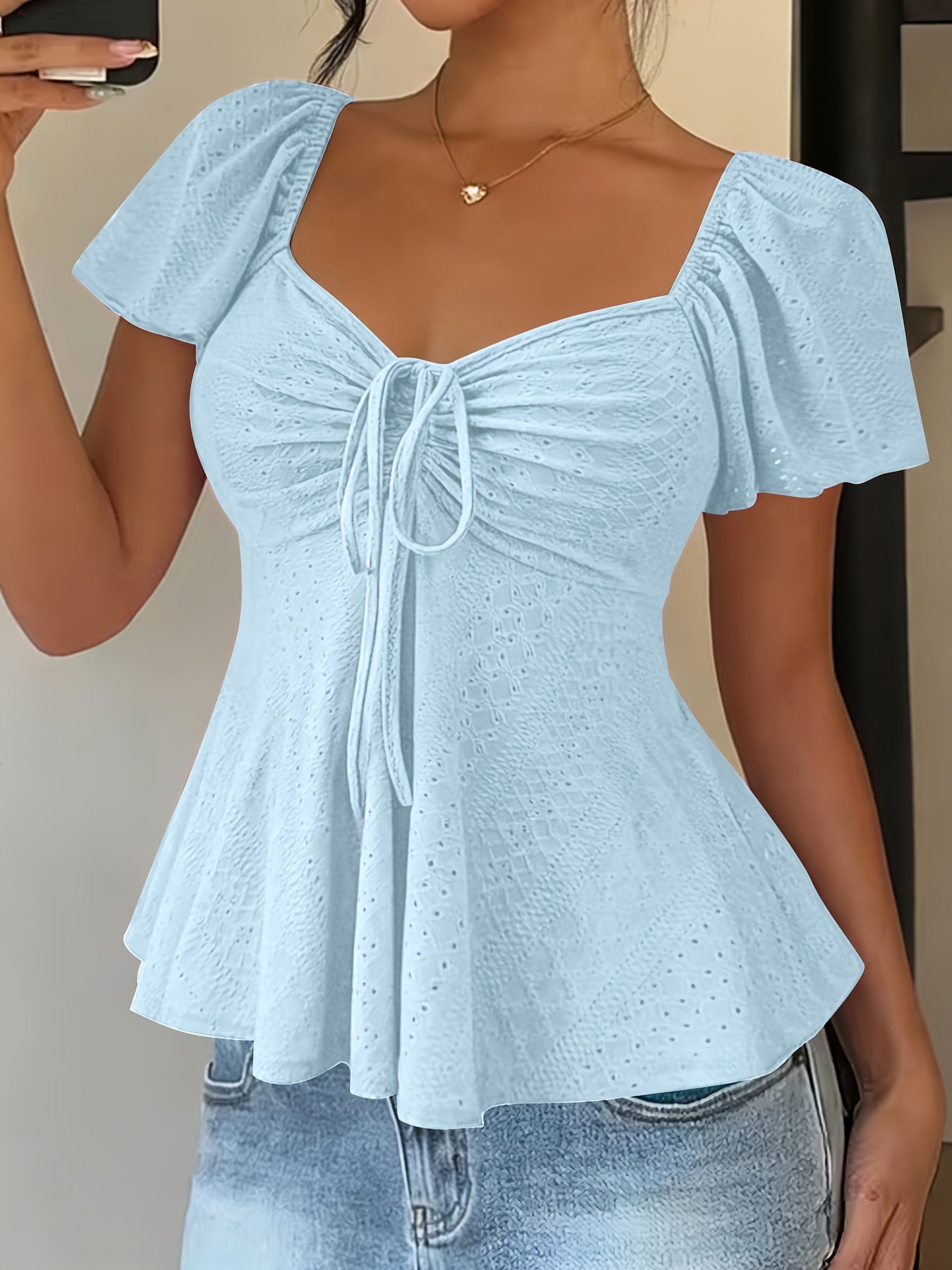Effortless Blouse for Women with Sweetheart Neck Flutter Sleeve Peplum