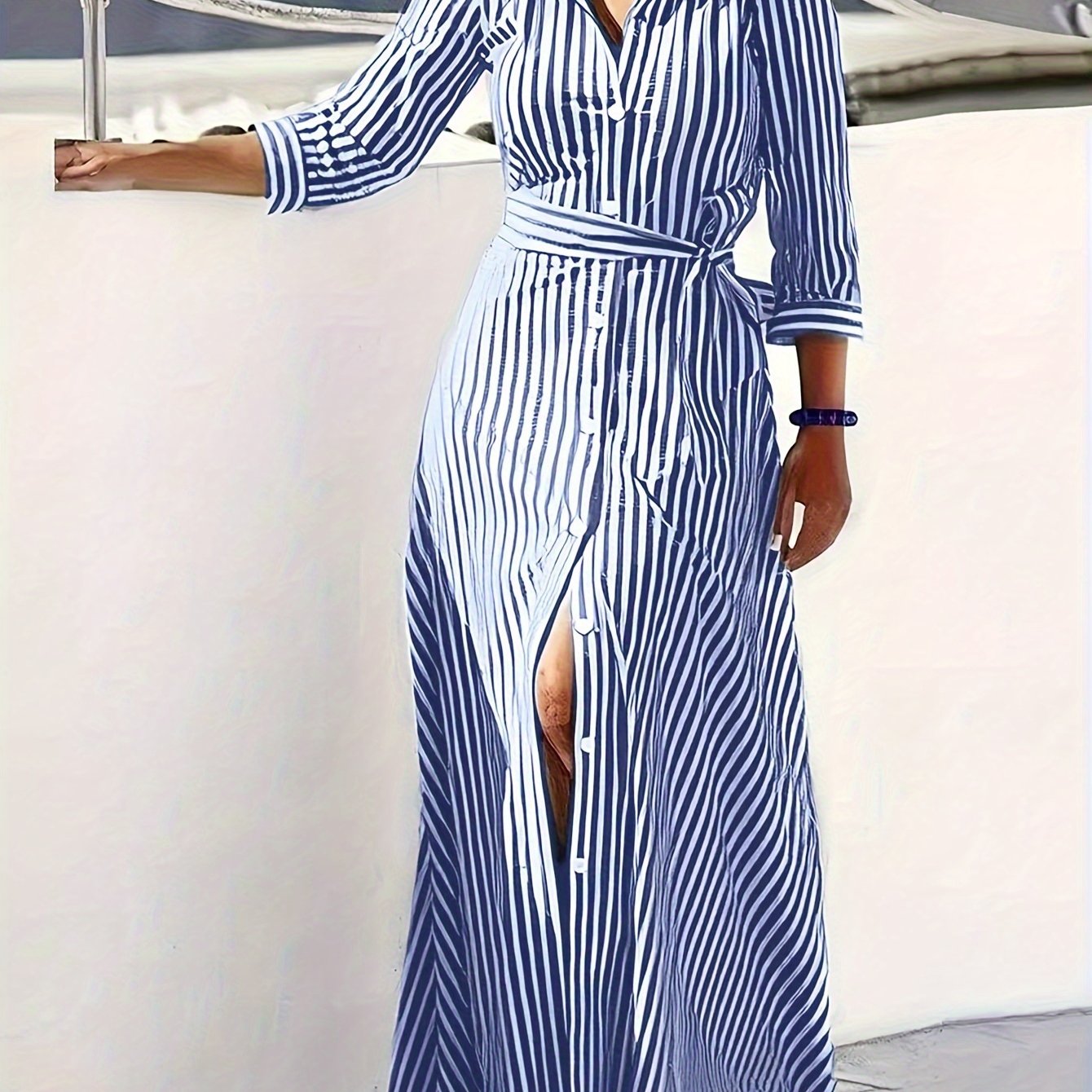 Effortless Striped Maxi Dress for Women with Collared Belted