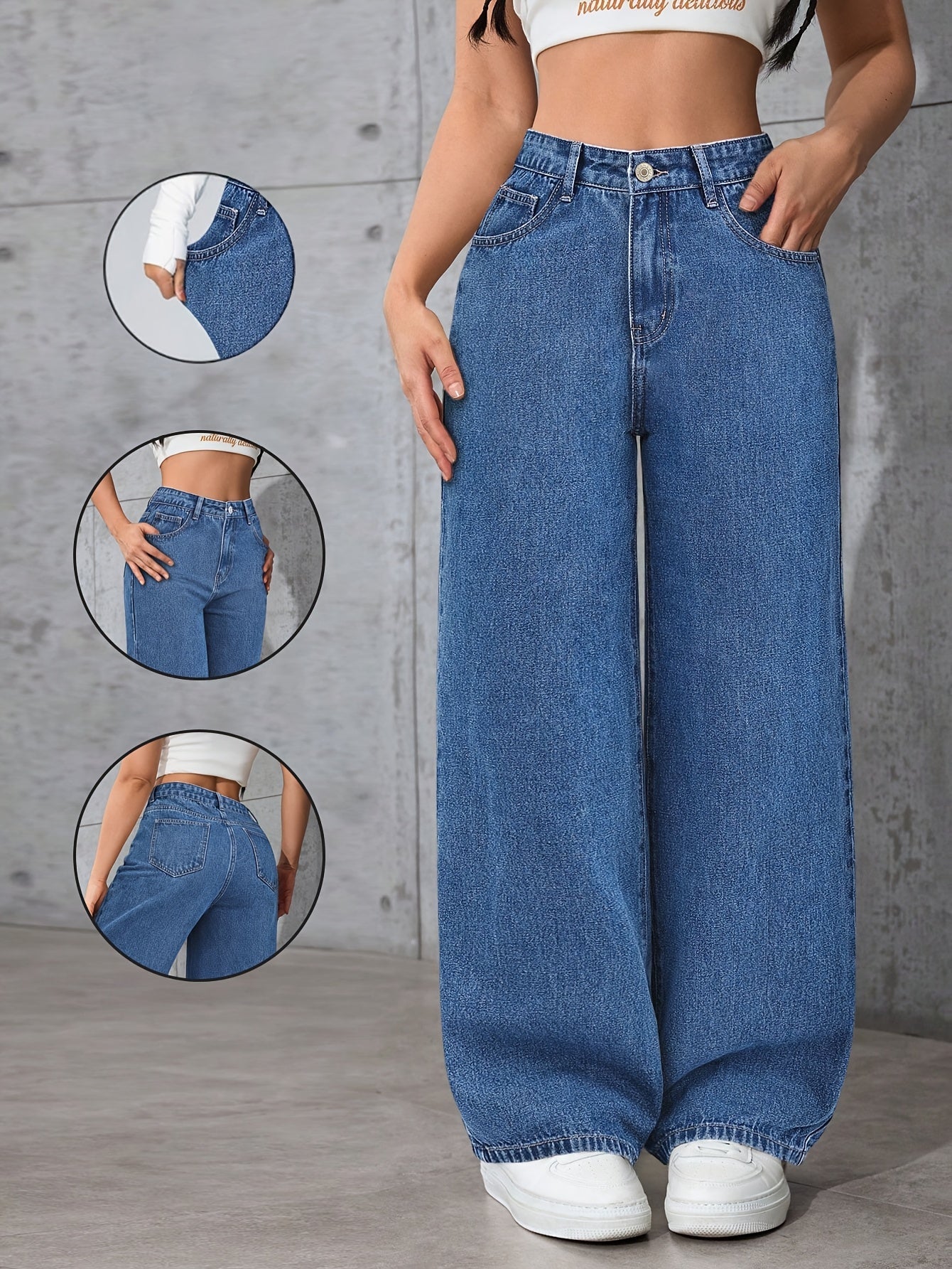 Effortless Relaxed Blue Wide Leg Jeans for Women with High Waist Flowing Style