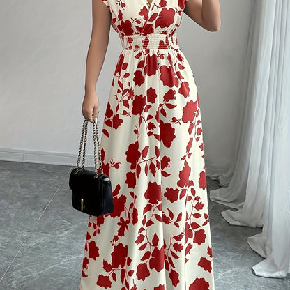 Elegant Floral Maxi Dress for Women with V Neck