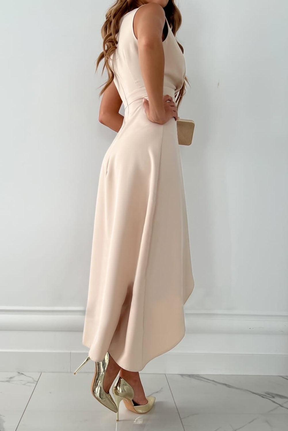 Stylish Beige Wrap Maxi Dress for Women with V Neck Sleeveless
