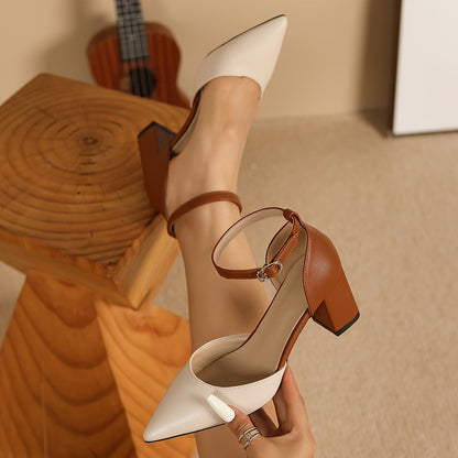 Comfortable Beige Heels for Women with Two Tone Block Heel Ankle Strap Style