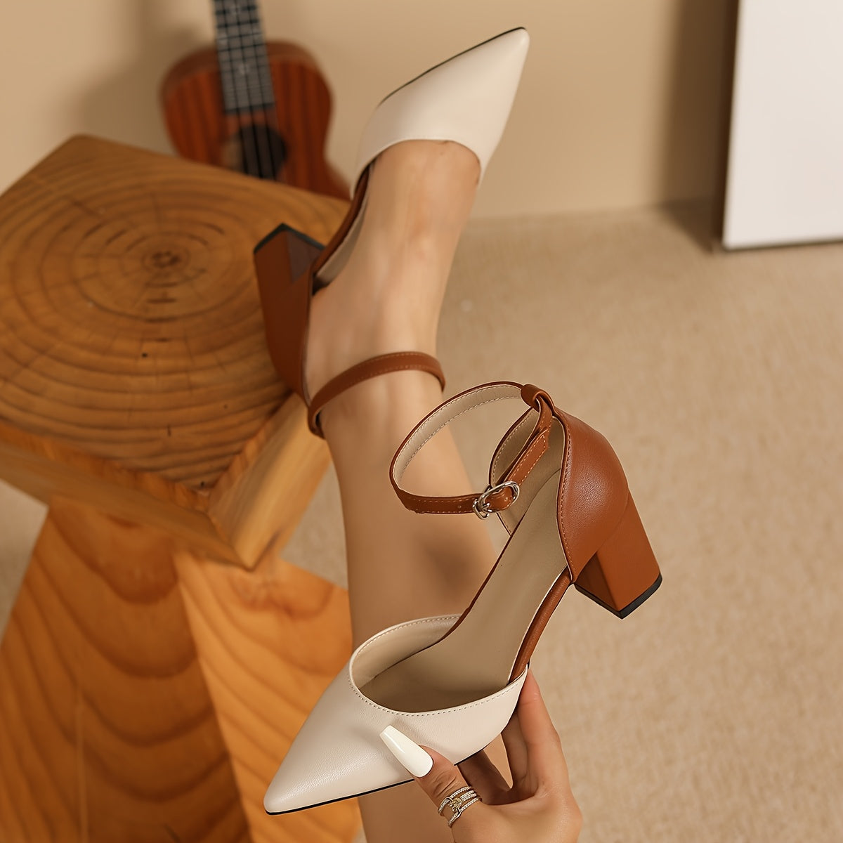 Comfortable Beige Heels for Women with Two Tone Block Heel Ankle Strap Style
