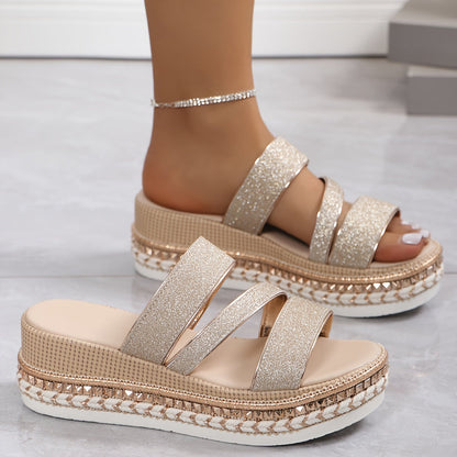 Comfortable Beige Wedge Sandals for Women with Slip On Cushioned Style