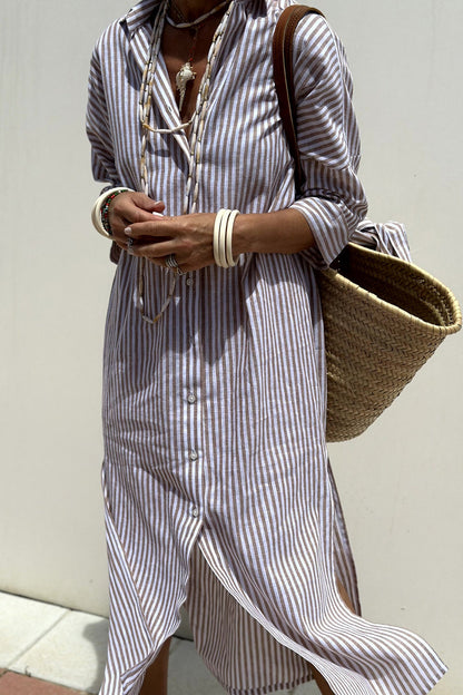 Effortless Striped Shirt Dress for Women with V Neck